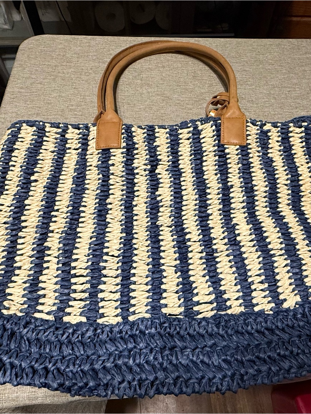 Woven Navy and Cream Straw Tote with Tan Handles